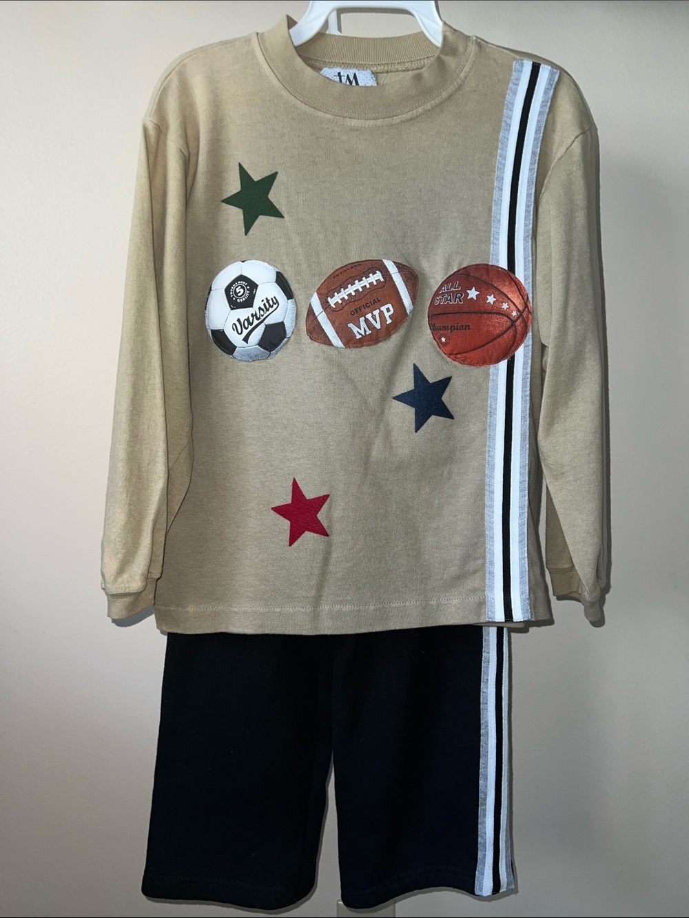 Vintage Set Long Sleeve Top with Sports applique and Black Striped Sweatpants